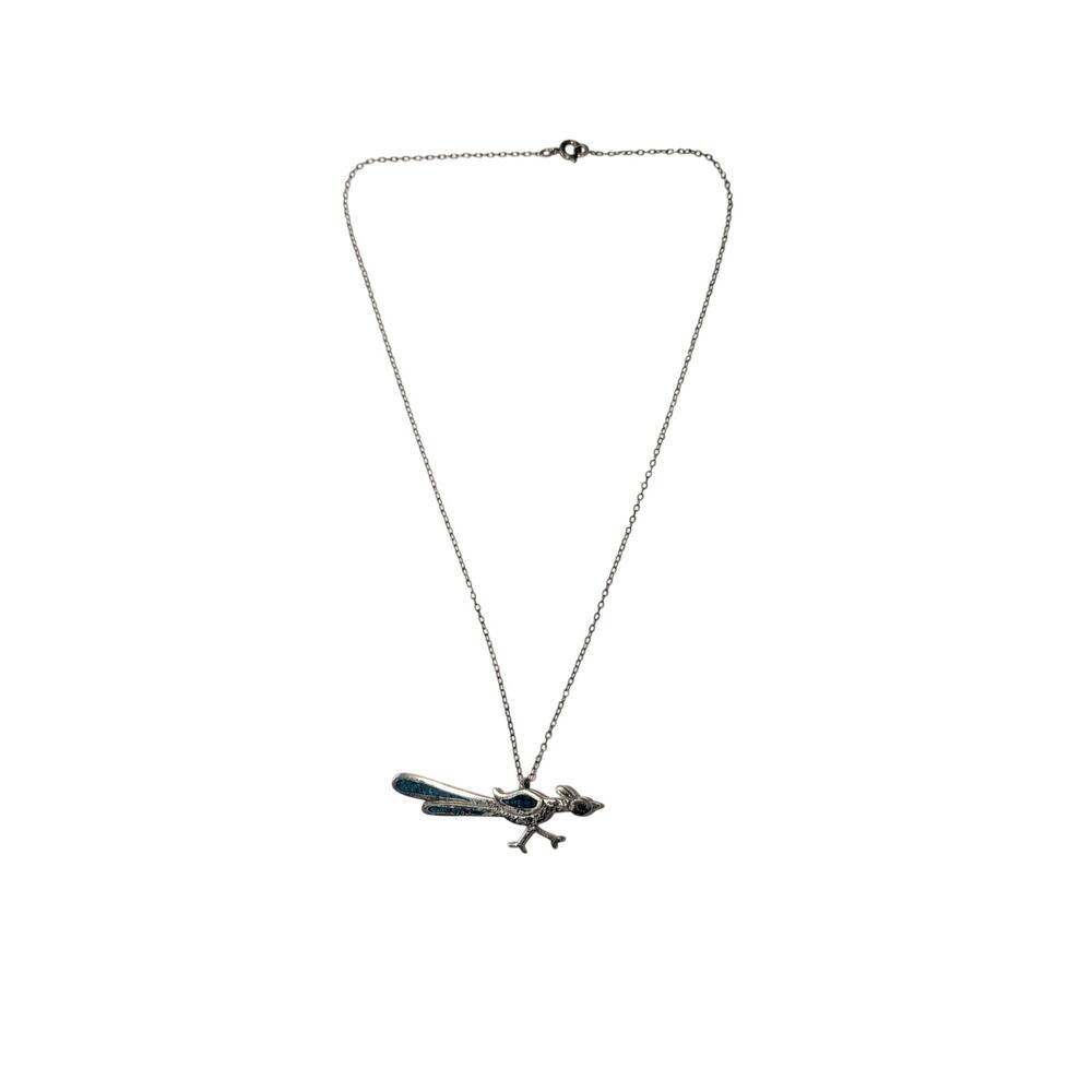 Sterling Silver Roadrunner Pendant Turquoise Inlay 16-In Chain Southwest - Picture 3 of 8